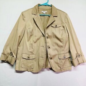 Dress Barn Khaki Tan Waist Jacket Rain Coat Style 3/4 Roll Tab Sleeve Women's XL